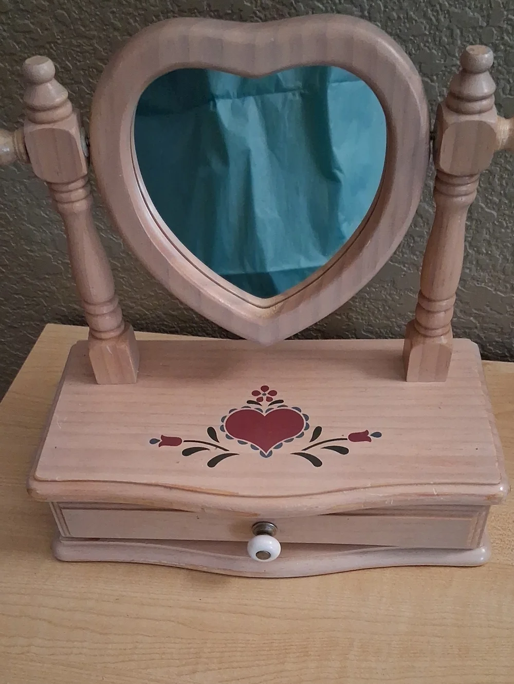Vintage Natural Wood Heart Mirror Jewelry Box with Red Accent